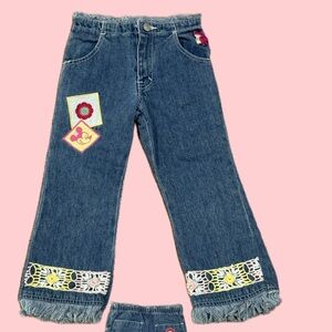 Mickey Mouse Embroidered Denim Jeans with Fringe Hem